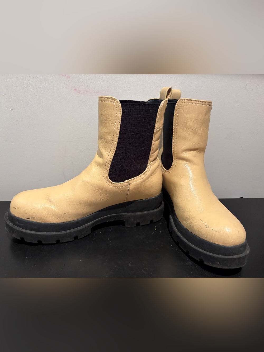 Call It Spring Beige Chelsea Rain Boots with Black Elastic Panels